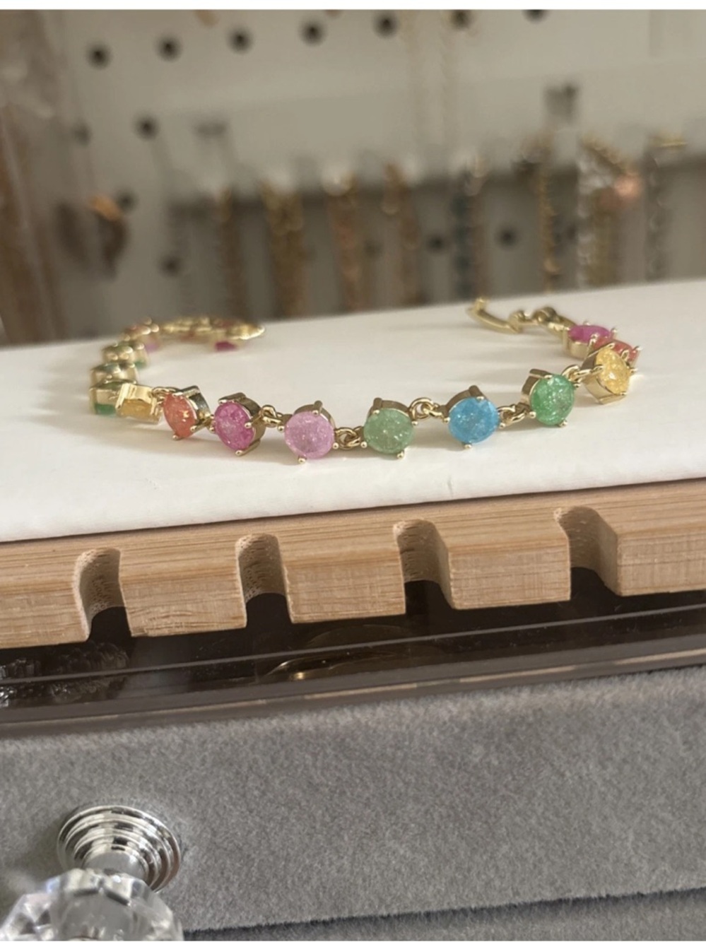 Gold Plated Rainbow Druzy Style Bracelet Colorful Gemstone Link Bracelet - Picture 4 of 10